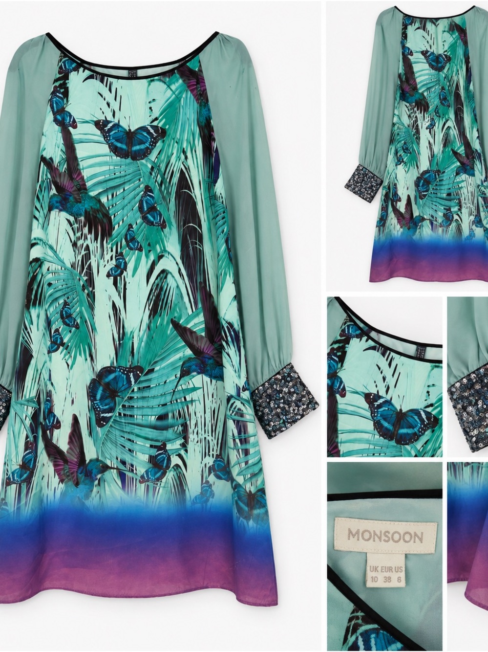 Monsoon Mint Green Butterfly & Palm Print Chiffon Sleeve Tunic